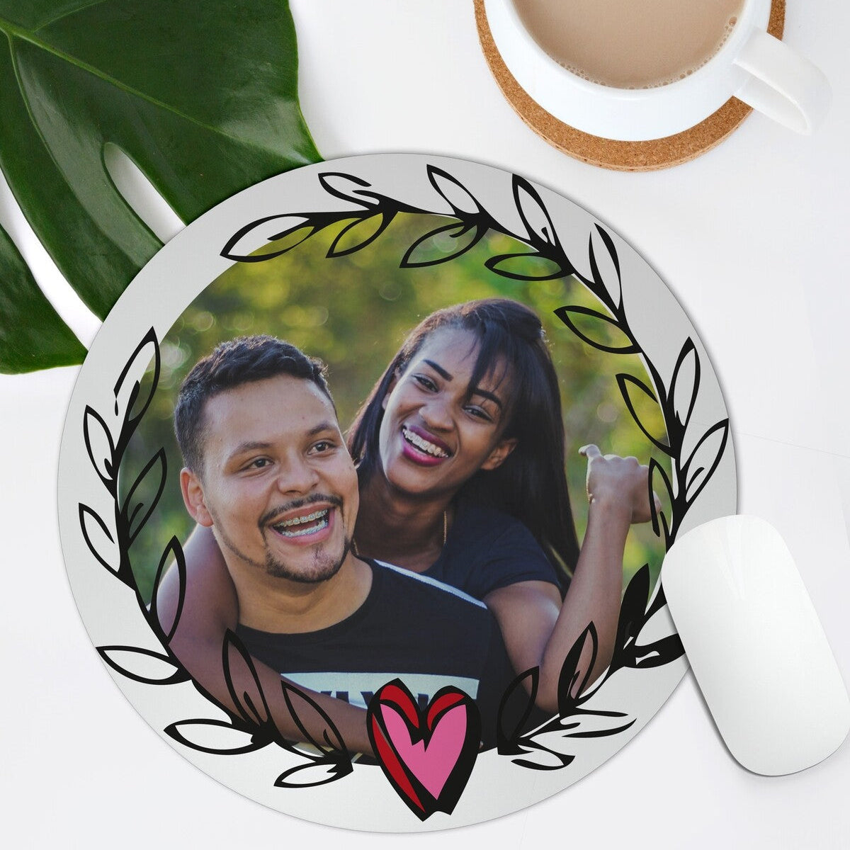 Personalised Mouse Pad from Happy Look | South Africa – A beautiful leavy bordder with a heart in the middle. Showcasing your favorite photo. Perfect for romantic occasions and customisable with names. A thoughtful gift that brings joy and lasting memories. Shop now!