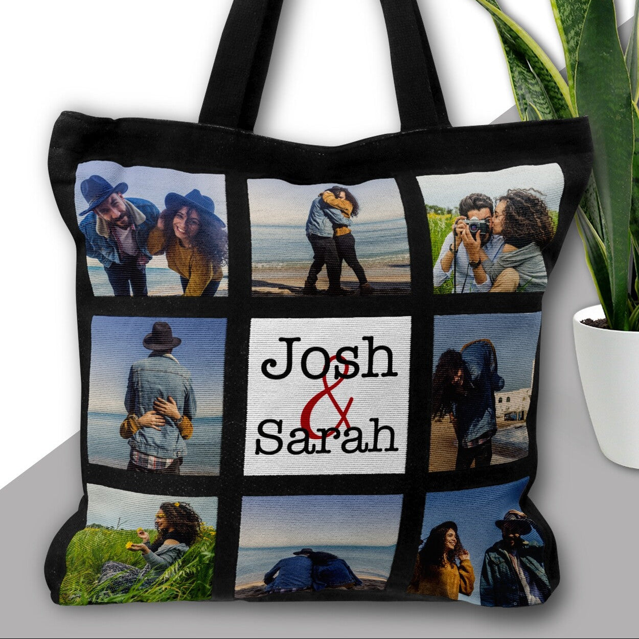 Personalised Tote Bag from Happy Look | South Africa – Showcases a collage of photos with the names "Josh & Sarah". Perfect for couples and customisable with personal photos or dates. A thoughtful gift that brings joy and lasting memories. Shop now!