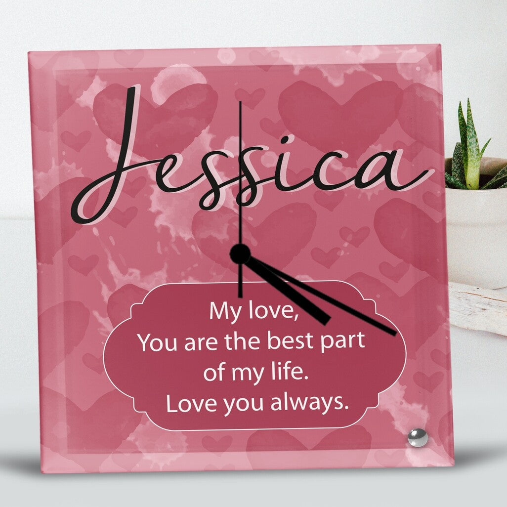 Personalised Love Message Glass Clock from Happy Look | South Africa – Elegant glass clock featuring a heartfelt love message, customisable with a name. Ideal for anniversaries, Valentine's Day, or romantic surprises. A sentimental gift to cherish forever. Shop now!