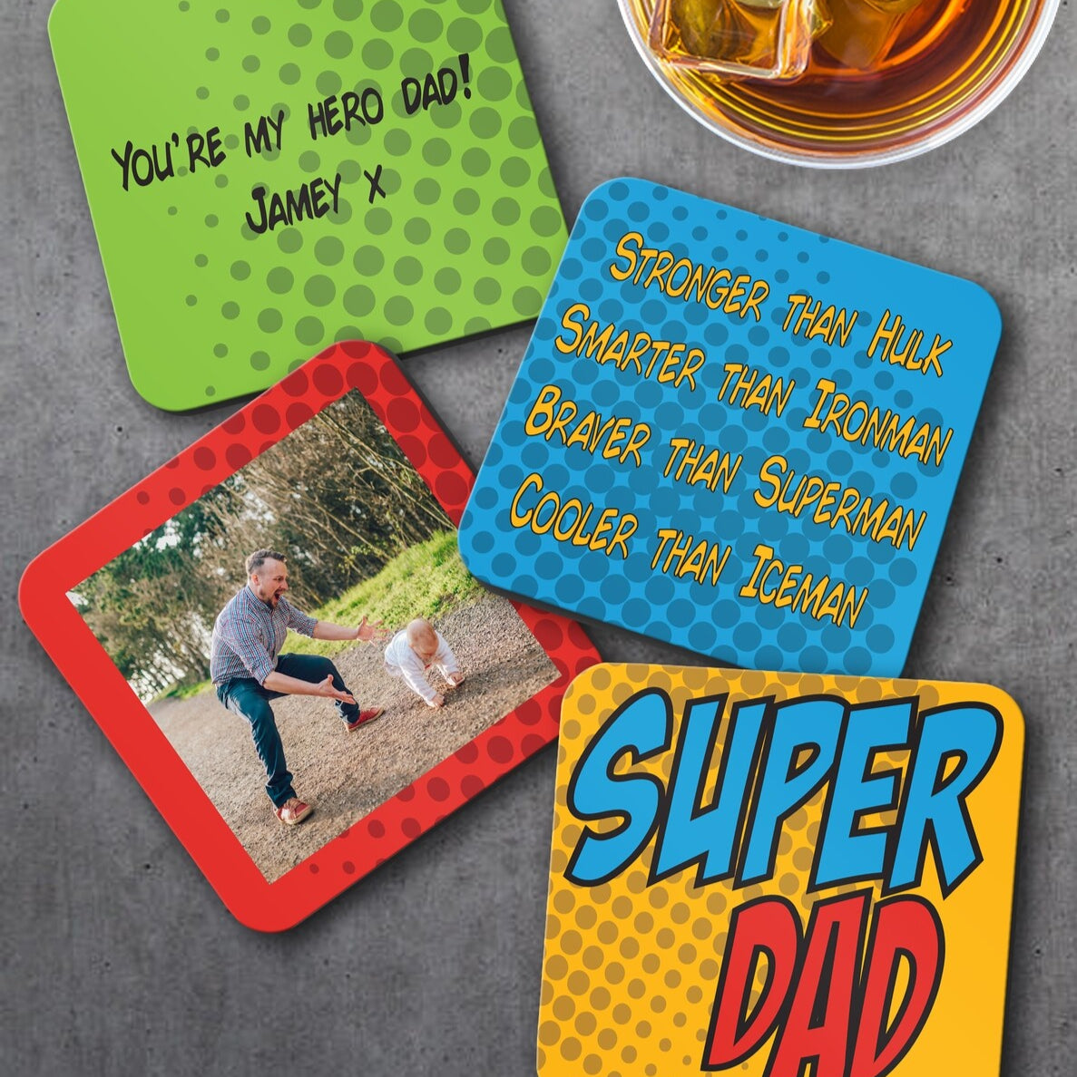 Personalised Coaster Set from Happy Look | South Africa – Celebrates superhero dads with fun designs. Perfect for birthdays and customisable with personal messages. A thoughtful gift that brings joy and lasting memories. Shop now!
