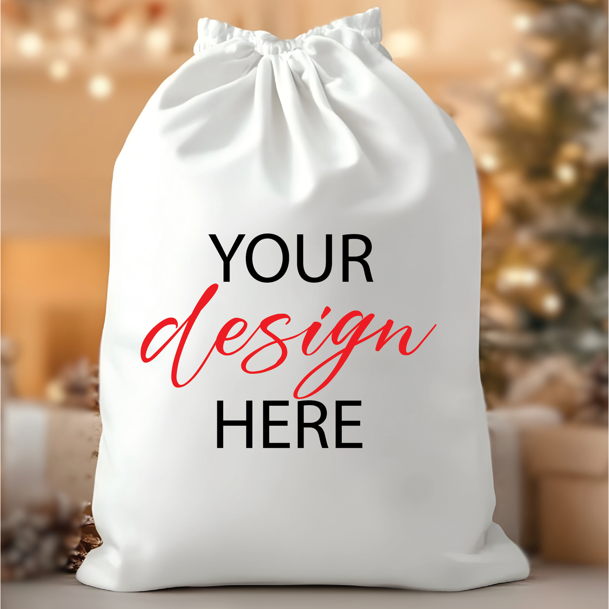 Blank White Drawstring Santa Sack for Custom Design from Happy Look | South Africa – A large white drawstring Christmas gift bag mockup with the text "YOUR design HERE" overlaid in red and black.