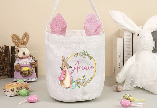 Personalised bunny Easter bag for kids – Custom Easter egg hunt bag with name, perfect for collecting Easter treats and gifts in South Africa.