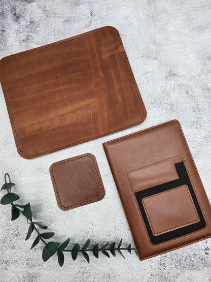 Office Leather Mouse Pad, Coaster & Notebook Gift Set