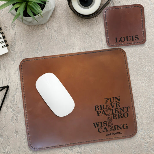 Personalised Genuine Leather Mouse Pad & Coaster Set for Dad