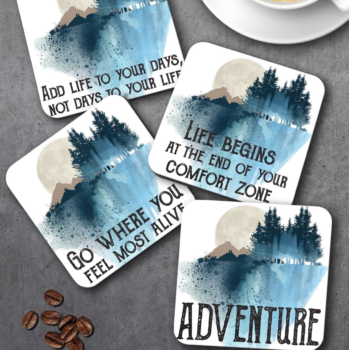 Personalised Coaster Set from Happy Look | South Africa – Designed with inspiring quotes and beautiful artwork. Perfect for adventurers and customisable with your personal touch. A thoughtful gift that brings joy and lasting memories. Shop now!