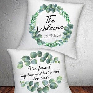 Personalised Couple Cushion from Happy Look | South Africa – A beautiful custom cushion featuring eucalyptus wreath and a special date. Perfect for anniversaries, weddings, or as a romantic gift. Customisable with names and dates. A thoughtful gift that brings joy and lasting memories. Shop now!