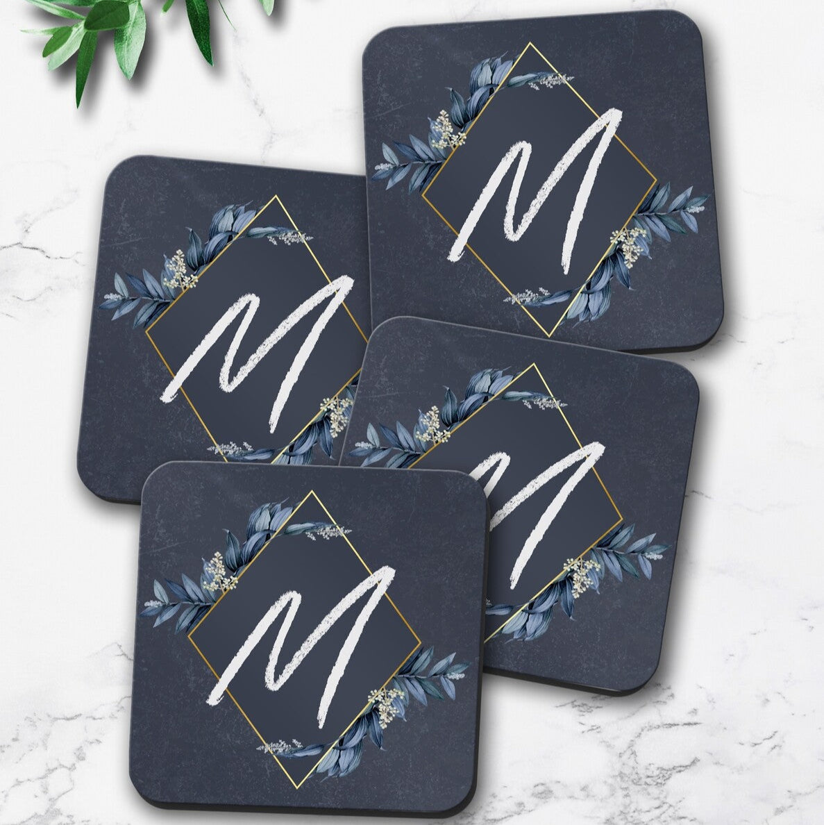 Personalised Monogram Coaster Set from Happy Look | South Africa – Featuring a stylish initial design with floral accents. Perfect for anniversaries and customisable with initials. A thoughtful gift that brings joy and lasting memories. Shop now!