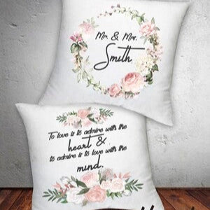 Personalised Floral Wedding Cushion from Happy Look | South Africa – A stunning cushion with floral wreath and couple's name. Perfect for weddings, engagements, or anniversaries. Customisable with names and heartfelt messages. A thoughtful gift that brings joy and lasting memories. Shop now!