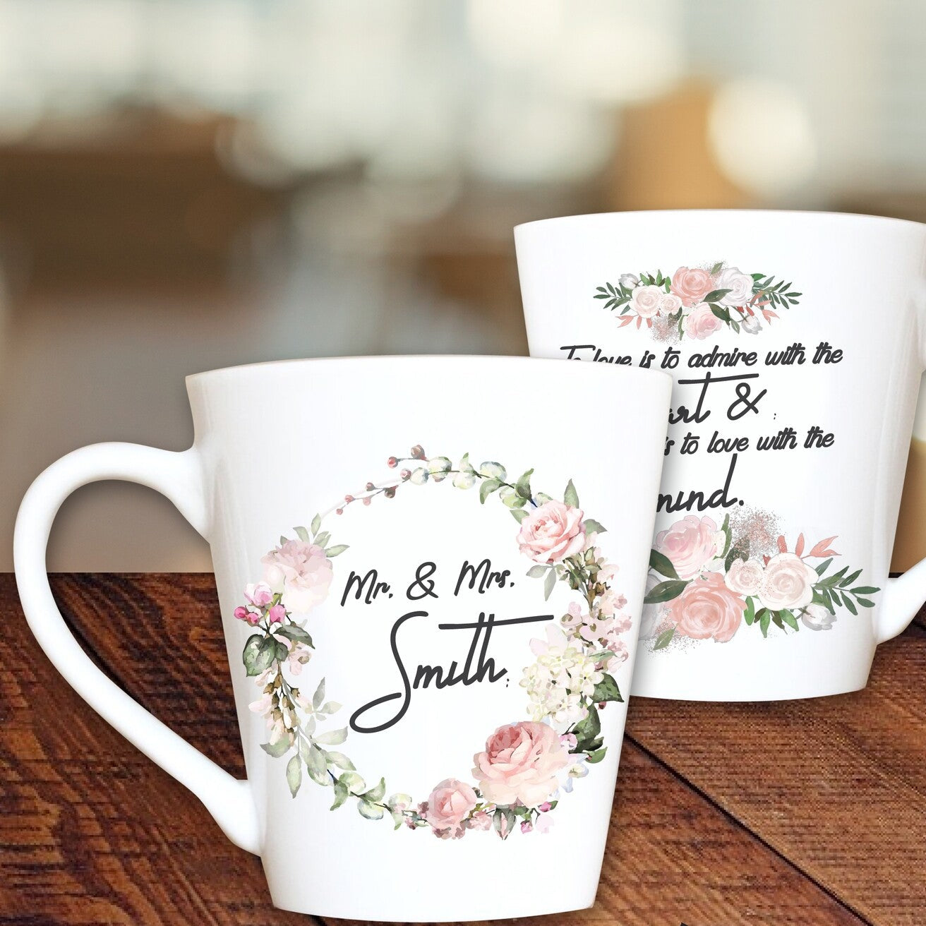 Personalised Mug from Happy Look | South Africa – Showcasing "Mr. & Mrs. Smith" with a floral design. Perfect for weddings and customisable with names. A thoughtful gift that brings joy and lasting memories. Shop now!
