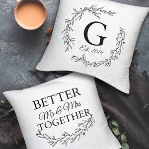 Personalised Mr & Mrs Initial Cushion from Happy Look | South Africa – A timeless monogram cushion with elegant wreath design. Perfect for weddings, housewarmings, and anniversaries. Customisable with initials and special dates. A thoughtful gift that brings joy and lasting memories. Shop now!