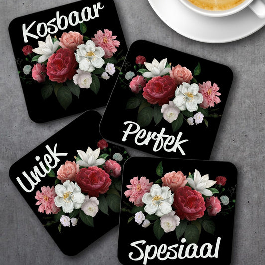 Personalised Floral Coaster Set from Happy Look | South Africa – Featuring elegant flower designs with heartfelt words. Perfect for housewarming and customisable with personal names or messages. A thoughtful gift that brings joy and lasting memories. Shop now!