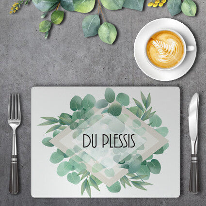 Personalised Eucalyptus Placemat  Set of 4 from Happy Look | South Africa – Featuring your family name or surname on a eucalyptus leave design. Perfect for birthdays, Mother’s Day, and bridal showers. A daily reminder of love and special moments.