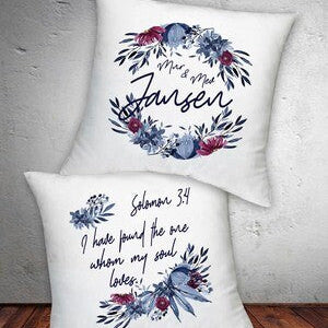 Personalised Bible Verse Cushion from Happy Look | South Africa – A stylish cushion featuring a blue floral wreath and a meaningful Bible verse. Perfect for weddings, religious celebrations, or anniversaries. Customisable with names and dates. A thoughtful gift that brings joy and lasting memories. Shop now!