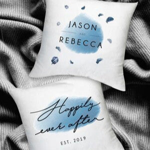 Personalised Happily Ever After Cushion from Happy Look | South Africa – A dreamy cushion featuring watercolour details and an "Happily Ever After" design. Perfect for engagements, weddings, and anniversaries. Customisable with names and special dates. A thoughtful gift that brings joy and lasting memories. Shop now!