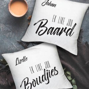 Personalised Couple's Pillow Set from Happy Look | South Africa – A fun and romantic pillow set with custom names and affectionate phrases. Perfect for anniversaries, Valentine's Day, or as a cute couple’s gift. Customisable with names and messages. A thoughtful gift that brings joy and lasting memories. Shop now!