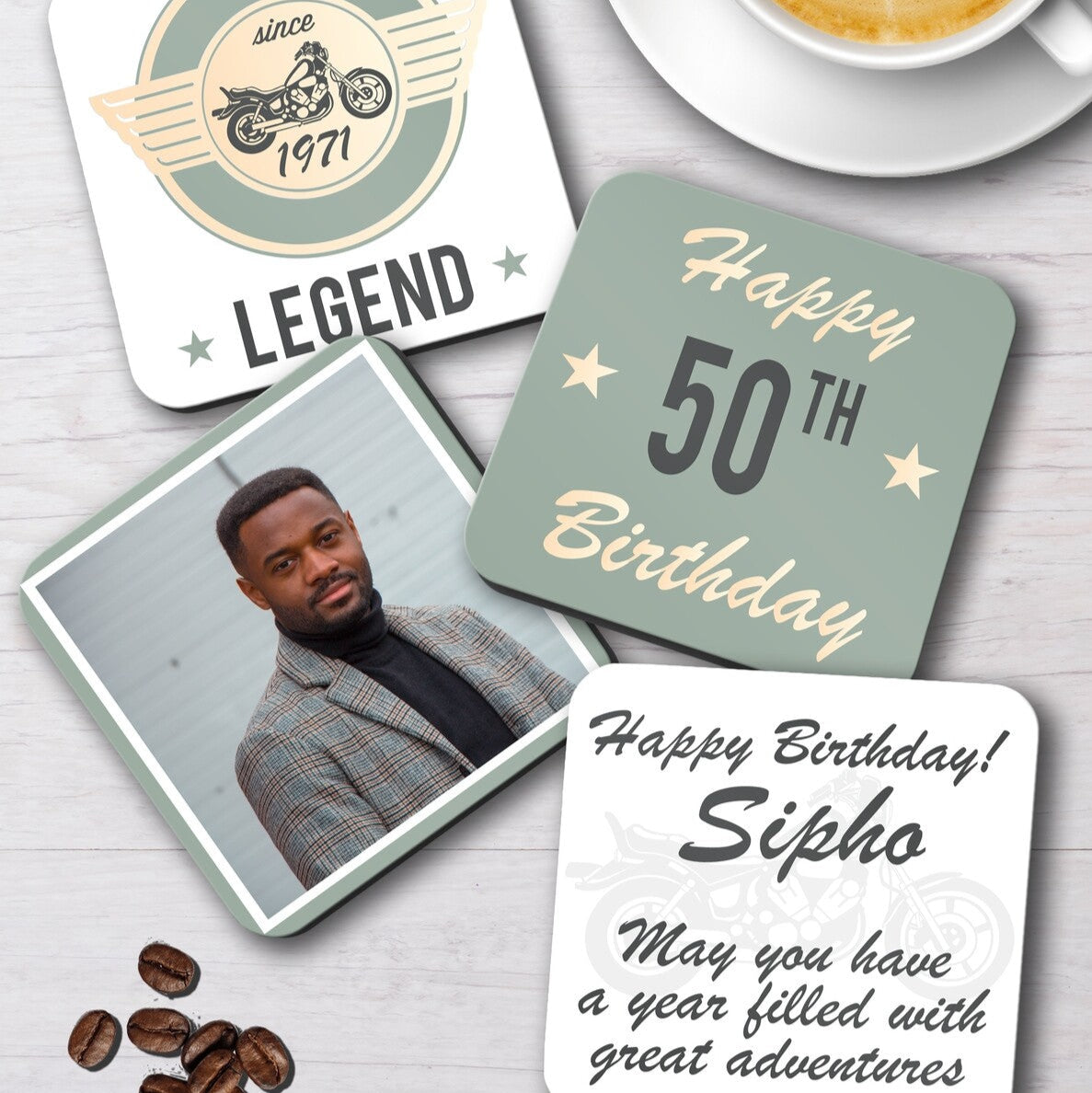 Personalised Coaster Set from Happy Look | South Africa – Unique designs for milestone celebrations. Perfect for 50th birthdays and customisable with names and messages. A thoughtful gift that brings joy and lasting memories. Shop now!