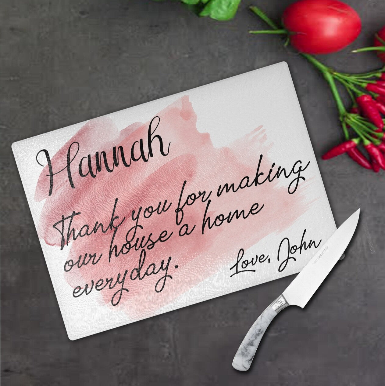 Personalised Glass Cutting Board from Happy Look | South Africa – A heartfelt cutting board featuring a handwritten note that reads: "Hannah, thank you for making our house a home every day. Love, John." Perfect for housewarmings, anniversaries, or special occasions and customisable with a name or personal message. A thoughtful gift that brings joy and lasting memories. Shop now!