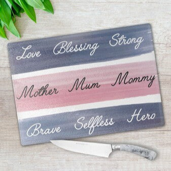 Personalised Glass Chopping Board from Happy Look | South Africa – A beautifully designed chopping board for Mom, featuring an elegant blue and pink striped pattern with two bold blue swatches and one soft pink swatch. The design is complemented by inspirational words, adding a heartfelt touch. Perfect for Mother’s Day, birthdays, or any special occasion, and customisable with a personal message. A thoughtful gift that brings joy and lasting memories. Shop now!