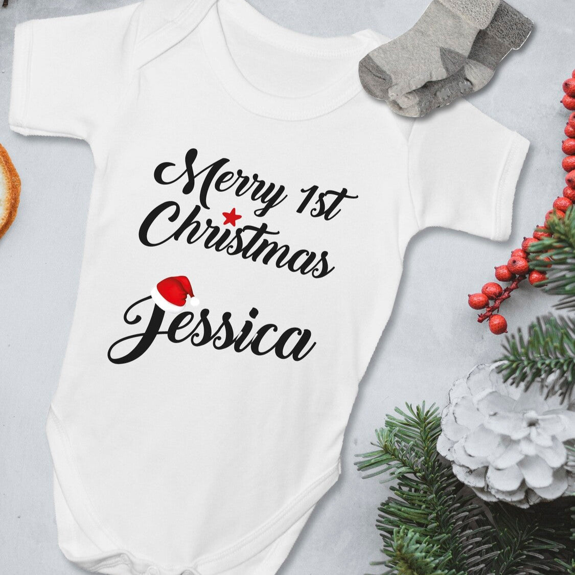 Personalised "Merry 1st Christmas" onesie from Happy Look | South Africa – designed for celebrating a baby's first Christmas. Perfect for festive gatherings and customisable with names. A thoughtful gift that brings joy and lasting memories. Shop now!