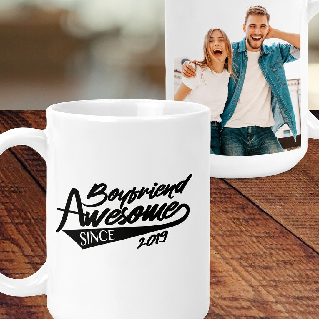 Personalised Awesome Boyfriend Mug from Happy Look | South Africa – Features a sweet message and a photo option. Perfect for anniversaries and customisable with a personal photo. A thoughtful gift that brings joy and lasting memories. Shop now!