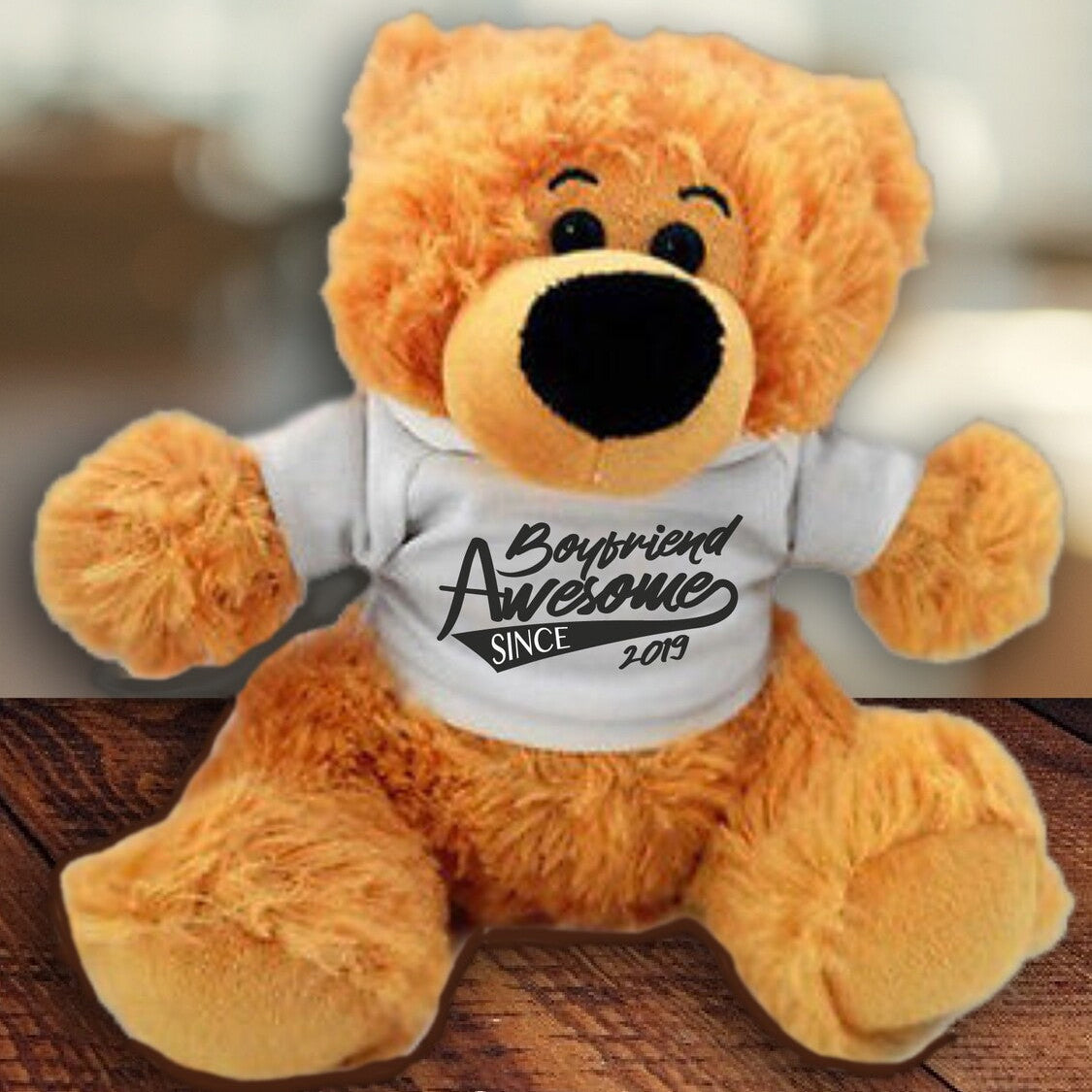 A soft, tan-coloured romantic teddy bear with a white T-shirt printed with a personalised love message, sitting on a neutral background. A sweet and cuddly gift perfect for couples or Valentine’s Day.