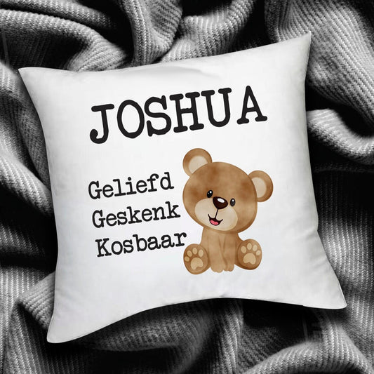 Personalised Pillow from Happy Look | South Africa – Featuring an adorable bear graphic with the name "Joshua." Perfect for birthdays and customisable with names. A thoughtful gift that brings joy and lasting memories. Shop now!