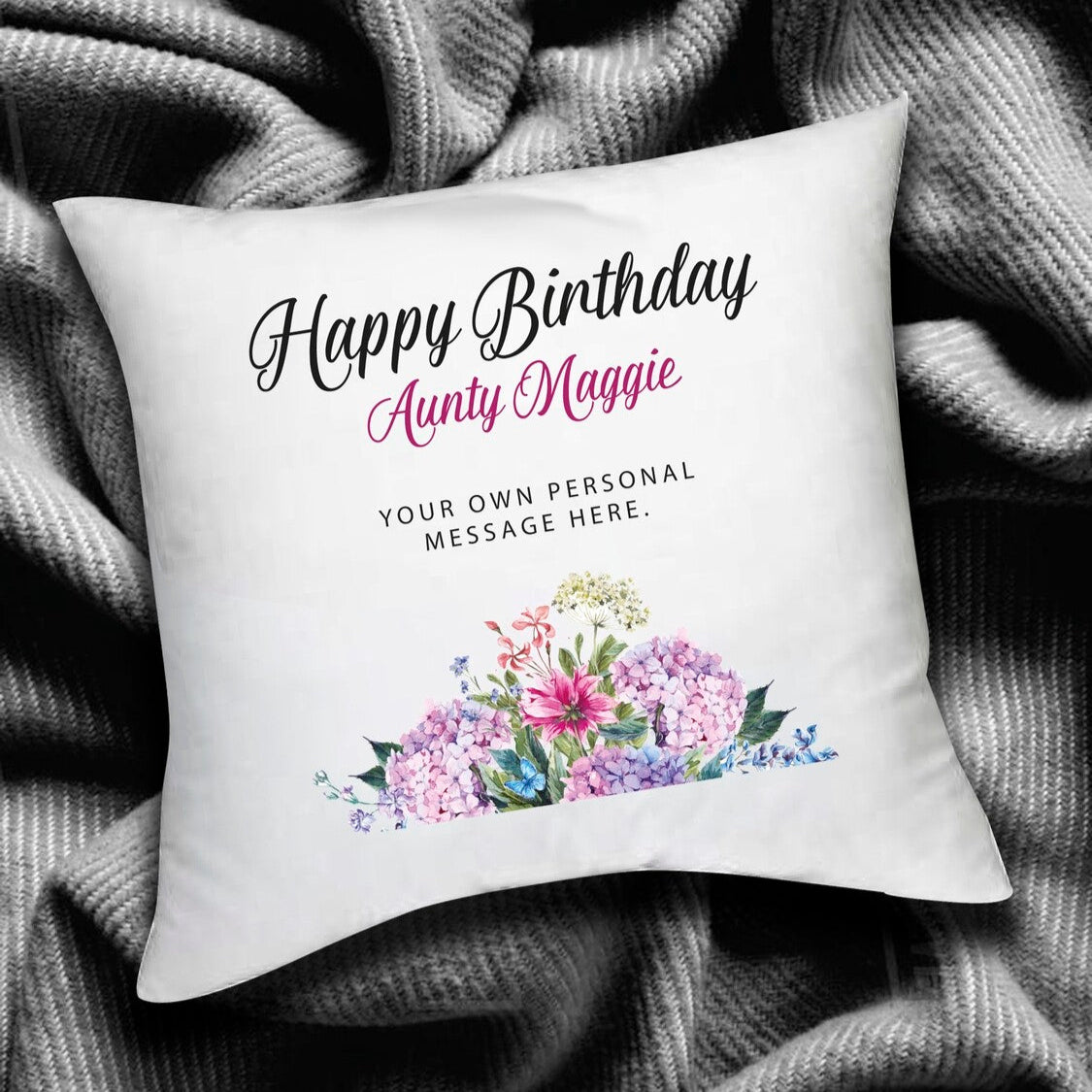 Personalised Floral Birthday Cushion from Happy Look | South Africa – Features a name and floral design. Perfect for birthdays and customisable with any name. A thoughtful gift that brings joy and lasting memories. Shop now!