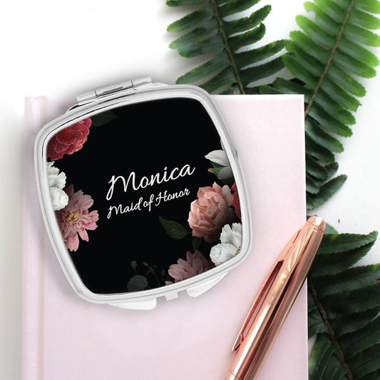 Personalised Pocket Mirror from Happy Look | South Africa – Featuring floral designs with the name "Monica" and the title "Maid of Honor." Perfect for weddings and customisable with names. A thoughtful gift that brings joy and lasting memories. Shop now!