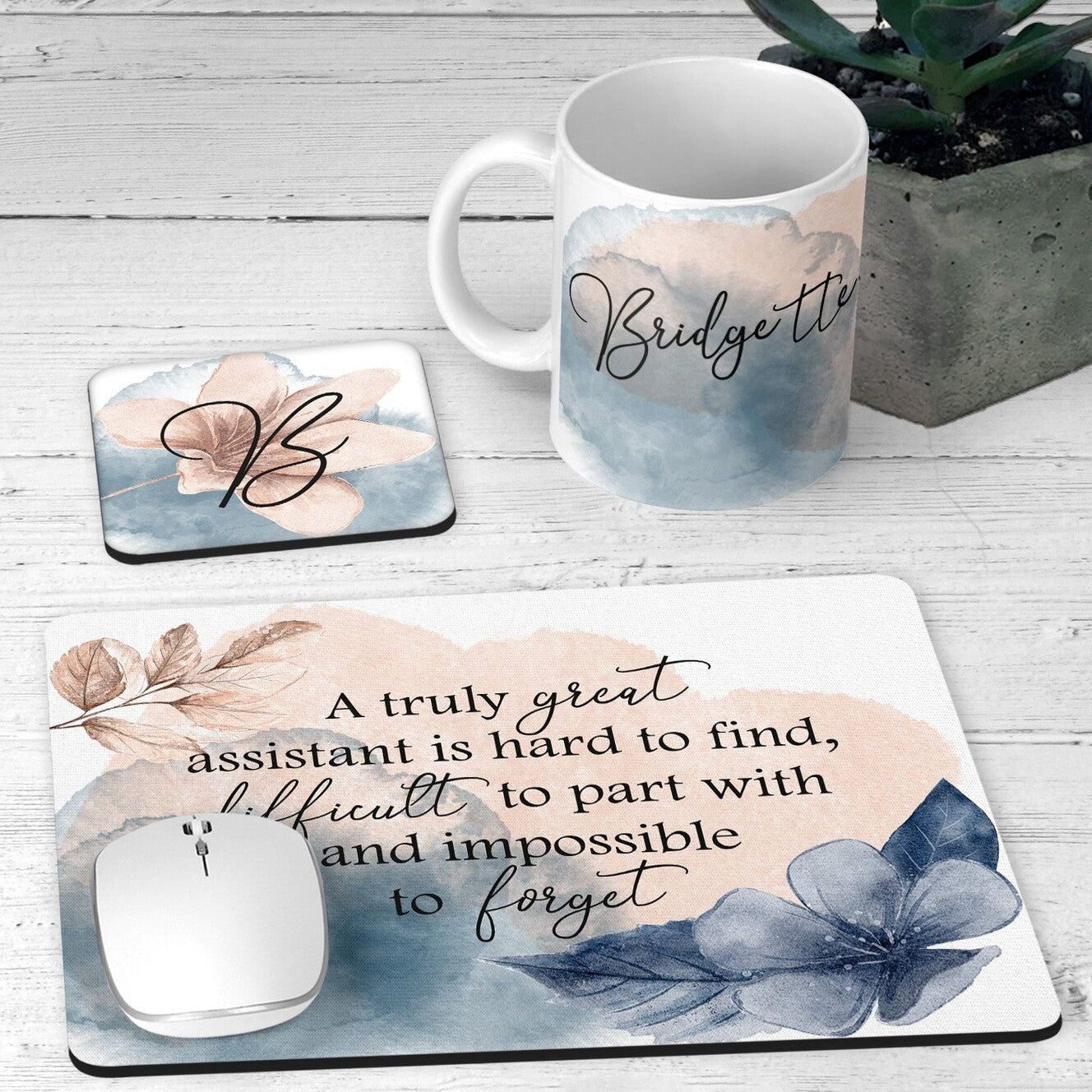 Personalised Elegant Assistant Desk Set from Happy Look | South Africa – Featuring a calming watercolor floral design with an inspirational quote, this set includes a mug, MDF coaster, and rubber mousepad. Perfect for assistants and office professionals, customisable with a name. A thoughtful gift that brings joy and lasting memories. Shop now!