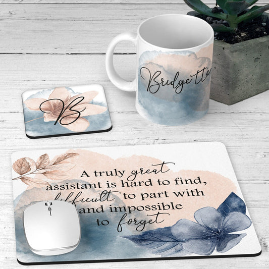 Personalised Elegant Assistant Desk Set from Happy Look | South Africa – Featuring a calming watercolor floral design with an inspirational quote, this set includes a mug, MDF coaster, and rubber mousepad. Perfect for assistants and office professionals, customisable with a name. A thoughtful gift that brings joy and lasting memories. Shop now!