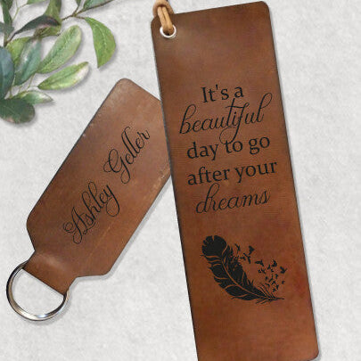 Personalised Leather Keyring and Bookmark Set from Happy Look | South Africa – Inspiring quotes to chase dreams. Perfect for encouraging friends and customisable with names. A thoughtful gift that brings joy and lasting memories. Shop now!