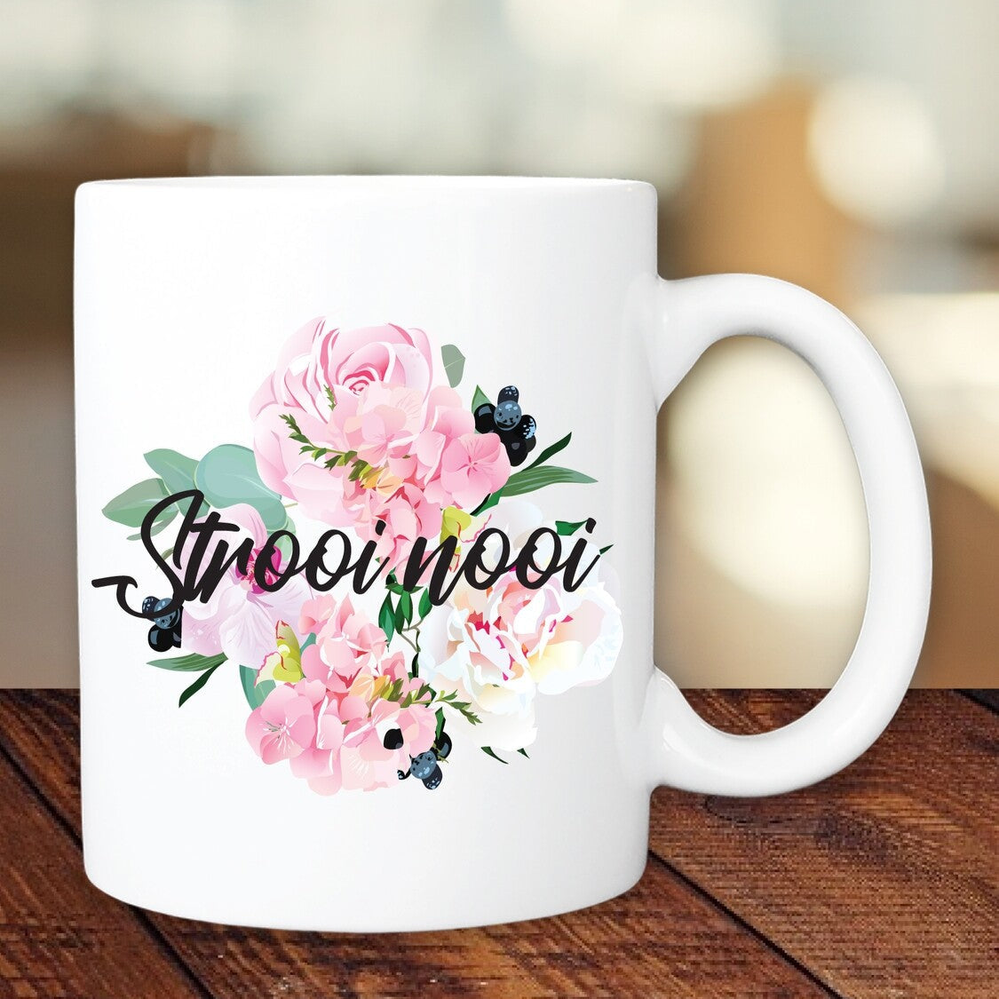 Personalised mug from Happy Look | South Africa – Showcases the word "Strooi nooi" with vibrant floral designs. Perfect for celebrations and customisable with unique names. A thoughtful gift that brings joy and lasting memories. Shop now!