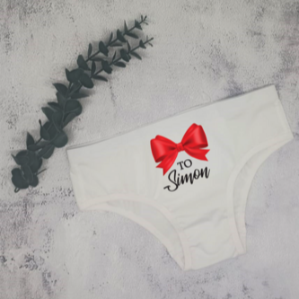 Personalised Ladies Cheekie Underwear from Happy Look | South Africa – "To [Name]" design with a red bow. A fun and romantic gift for Valentine’s Day, anniversaries, and birthdays. Customise with any name for a personal and playful surprise. Shop now!