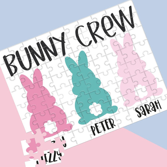 Personalised Bunny Crew Puzzle from Happy Look | South Africa – Features adorable bunny silhouettes in pastel colors. Perfect for Easter celebrations and customisable with children's names. A thoughtful gift that brings joy and lasting memories. Shop now!
