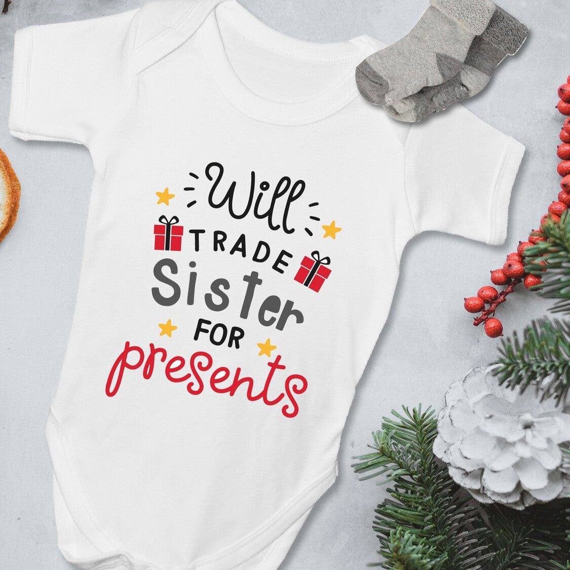 Personalised "Will Trade Sister for Presents" onesie  from Happy Look | South Africa – humorous design that's perfect for holiday fun. Perfect for family gatherings and customisable with names. A thoughtful gift that brings joy and lasting memories. Shop now!