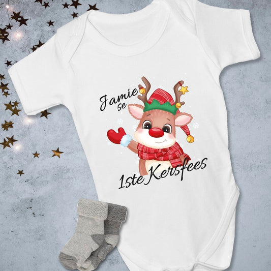 Personalised Rudolph onesie from Happy Look | South Africa – features an adorable reindeer graphic with the name "Jamie." Perfect for first Christmas celebrations and customisable with names. A thoughtful gift that brings joy and lasting memories. Shop now!