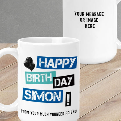 Personalised Mug from Happy Look | South Africa – A fun and festive design featuring "HAPPY BIRTHDAY SIMON!" along with playful balloons. Perfect for birthdays and customisable with your own message or image. A thoughtful gift that brings joy and lasting memories. Shop now!