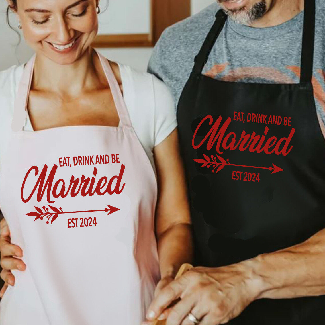Personalised Couples Apron Set from Happy Look | South Africa – Charming design with "Eat, Drink and Be Married" and establishment year. Perfect for weddings and newlyweds, customisable with couples' names. A thoughtful gift that brings joy and lasting memories. Shop now!