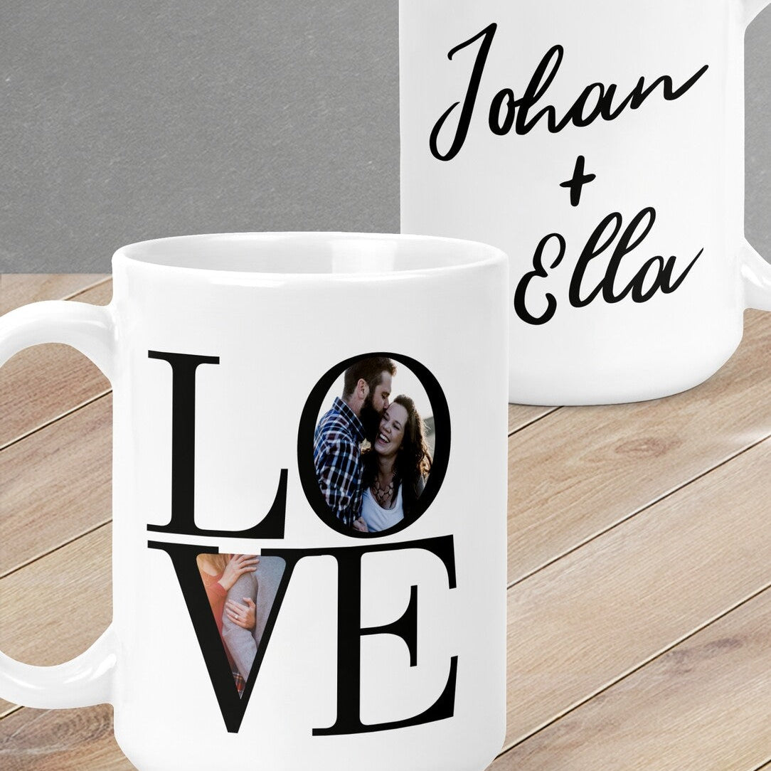 Personalised Mug from Happy Look | South Africa – Features a stylish design with a photo of a couple and the word "LOVE". Perfect for anniversaries and customisable with names. A thoughtful gift that brings joy and lasting memories. Shop now!