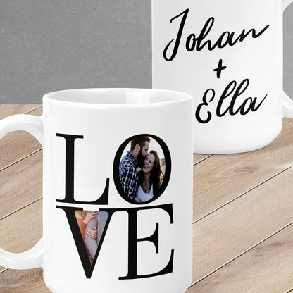 Personalised Mug from Happy Look | South Africa – Features a stylish design with a photo of a couple and the word "LOVE". Perfect for anniversaries and customisable with names. A thoughtful gift that brings joy and lasting memories. Shop now!