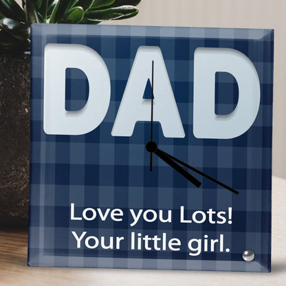 Square Glass Clock with a plaid pattern, bold 'DAD' text, black clock hands, and a heartfelt message: 'Love you Lots! Your little girl.' Personalised Square Glass Clock from Happy Look | South Africa – A charming and heartfelt clock that celebrates the bond between father and child. Perfect for Father's Day, birthdays, or special occasions, and customisable with your own personal message. A thoughtful gift that brings joy and lasting memories. Shop now!