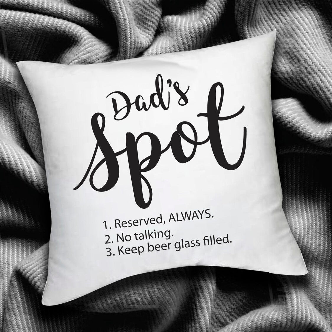 Personalised Cushion from Happy Look | South Africa – Featuring "Dad’s Spot" with a humorous touch. Perfect for Father’s Day and customisable with your choice of message. A thoughtful gift that brings joy and lasting memories. Shop now!