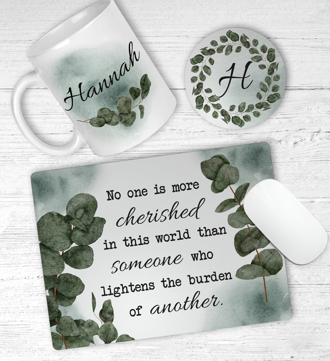 Personalised Cherished Desk Set from Happy Look | South Africa – Serene eucalyptus-themed design. Perfect for teachers, caregivers, mentors, or anyone who makes a difference. Customisable with a name. A thoughtful gift that brings joy and lasting memories. Shop now!