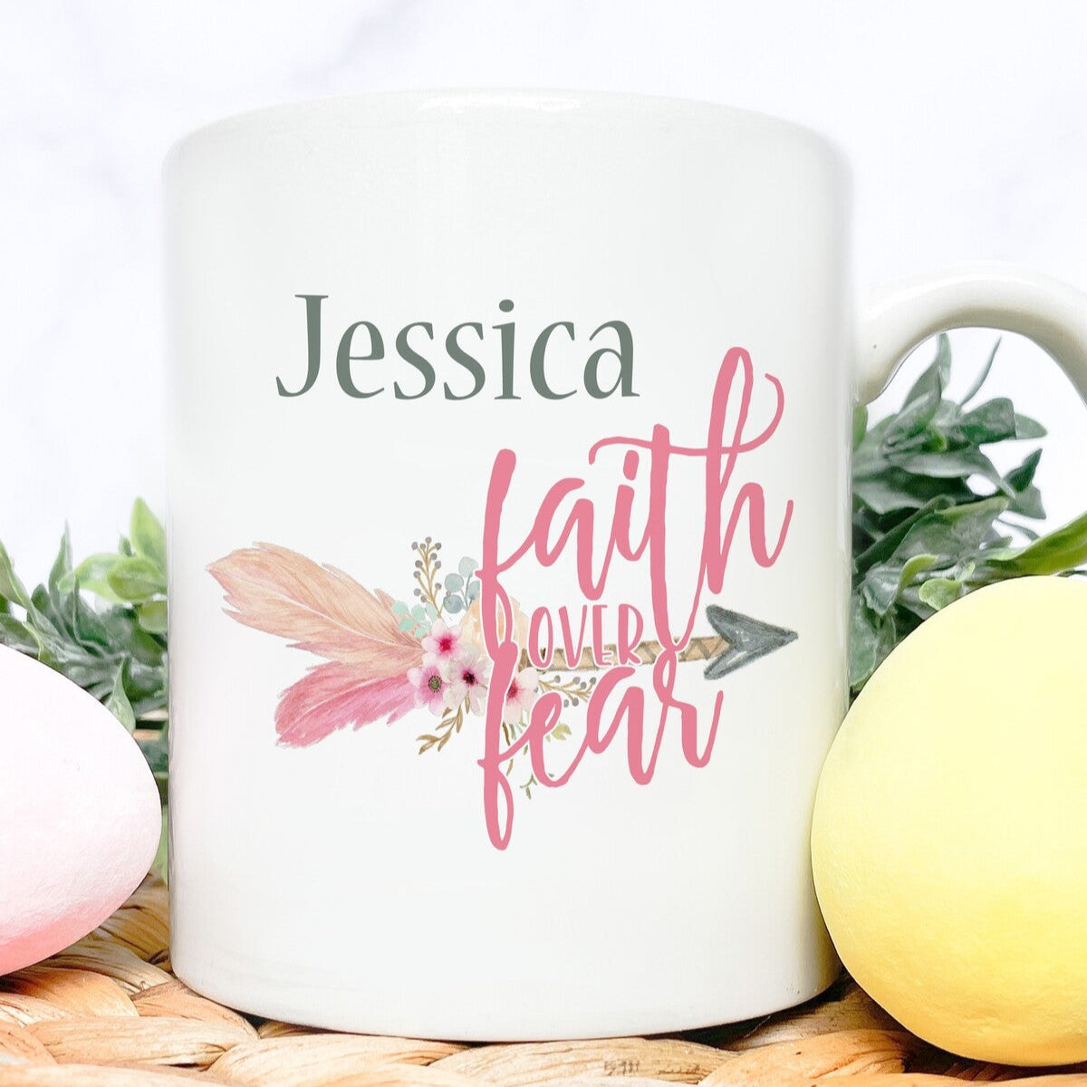 Personalised Mug from Happy Look | South Africa – Showcases an inspiring message "faith over fear" and the name "Jessica." Perfect for encouragement gifts and customisable with names. A thoughtful gift that brings joy and lasting memories. Shop now!