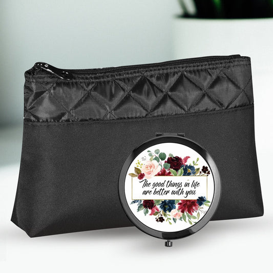 Personalised Cosmetic Bag and Mirror Set from Happy Look | South Africa – Elegant black design featuring floral artwork with an uplifting quote. Perfect for everyday use and customizable with personal quotes. A thoughtful gift that brings joy and lasting memories. Shop now!