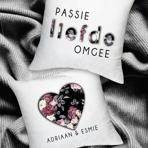 Personalised Floral Love Pillow Set from Happy Look | South Africa – Beautifully designed pillow set with romantic words and floral heart detailing. Perfect for couples celebrating love, engagements, or weddings. Customisable with names. A thoughtful gift that brings joy and lasting memories. Shop now!