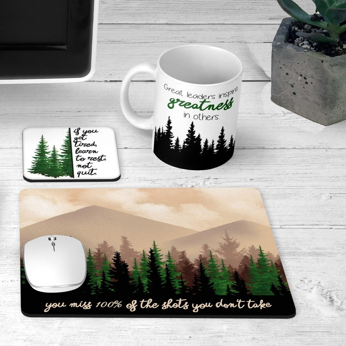 Personalised Nature-Inspired Desk Set from Happy Look | South Africa – A beautifully designed set with a scenic forest theme, featuring an 11oz mug, mousepad, and coaster. Ideal for nature lovers, corporate gifts, or workspace inspiration. Customisable with names or messages. A thoughtful gift that brings joy and lasting memories. Shop now!