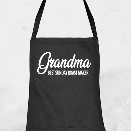 Personalised Black Apron from Happy Look | South Africa

Features a black apron with elegant white text: "Grandma - Best Sunday Roast Maker."
Ideal for special family gatherings and can be customised for any family member.
A thoughtful gift that brings joy and lasting memories. Shop now!