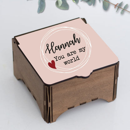 Personalised Heart Jewelry Box from Happy Look | South Africa – Features the sweet message "You are my world" with the name 'Hannah'. Perfect for Valentine's Day, anniversaries, or to celebrate love, and customisable with any name or phrase. A thoughtful gift that brings joy and lasting memories. Shop now!