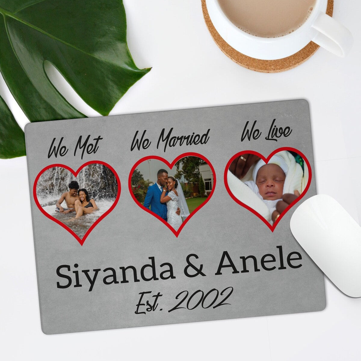 Personalised Mouse Pad from Happy Look | South Africa – A heartfelt design capturing key moments in a couple's journey. Perfect for anniversaries or housewarmings and customisable with names and dates. A thoughtful gift that brings joy and lasting memories. Shop now!